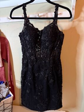 J Michaels 2 Cute Black Corset Sequin Formal Cocktail Homecoming Prom Dress Sz 2